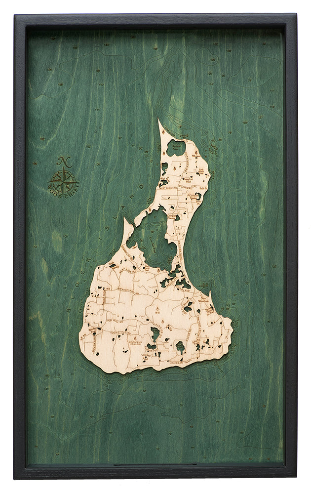 Wooden Block Island serving tray using green and natural colored wood on white background with black frame