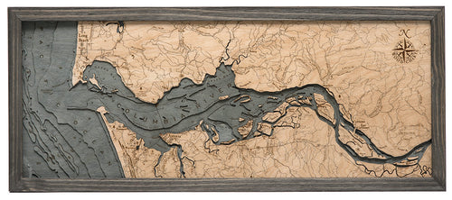 Columbia River Mouth, Oregon and Washington wood chart map made using a dark green and natural colored wood on white background with dark frame