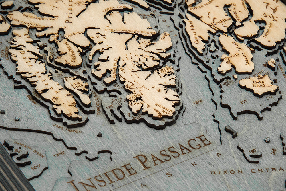 Inside Passage, Alaska wood chart map made using a darker green and natural colored wood up close