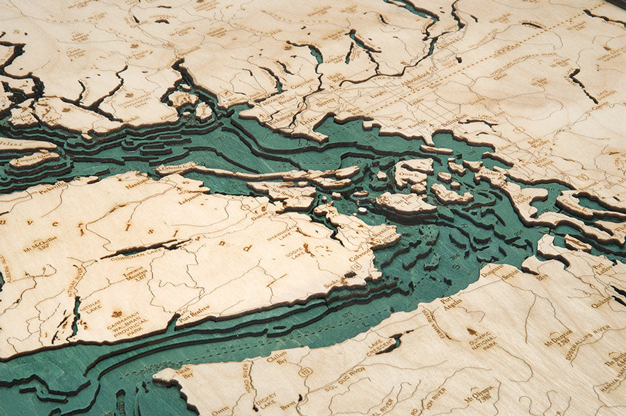 Topography Details of Salish Sea, Washington 3-D Nautical Wood Chart Map
