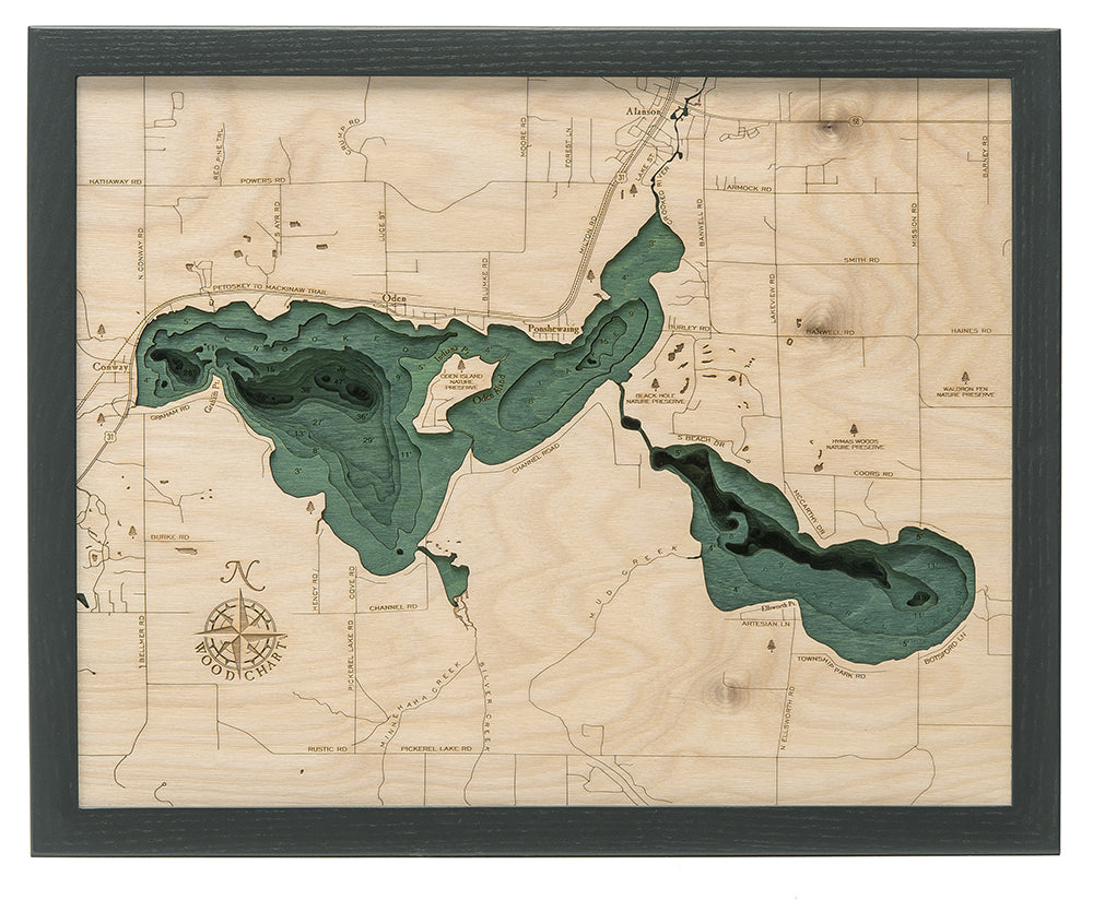 Crooked Lake, Michigan 3-D Nautical Wood Chart, Small, 16 x 20 – WoodChart