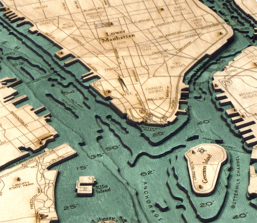 Manhattan, New York 3-D Nautical Wood Chart, Medium, 13.5 x 31 – WoodChart