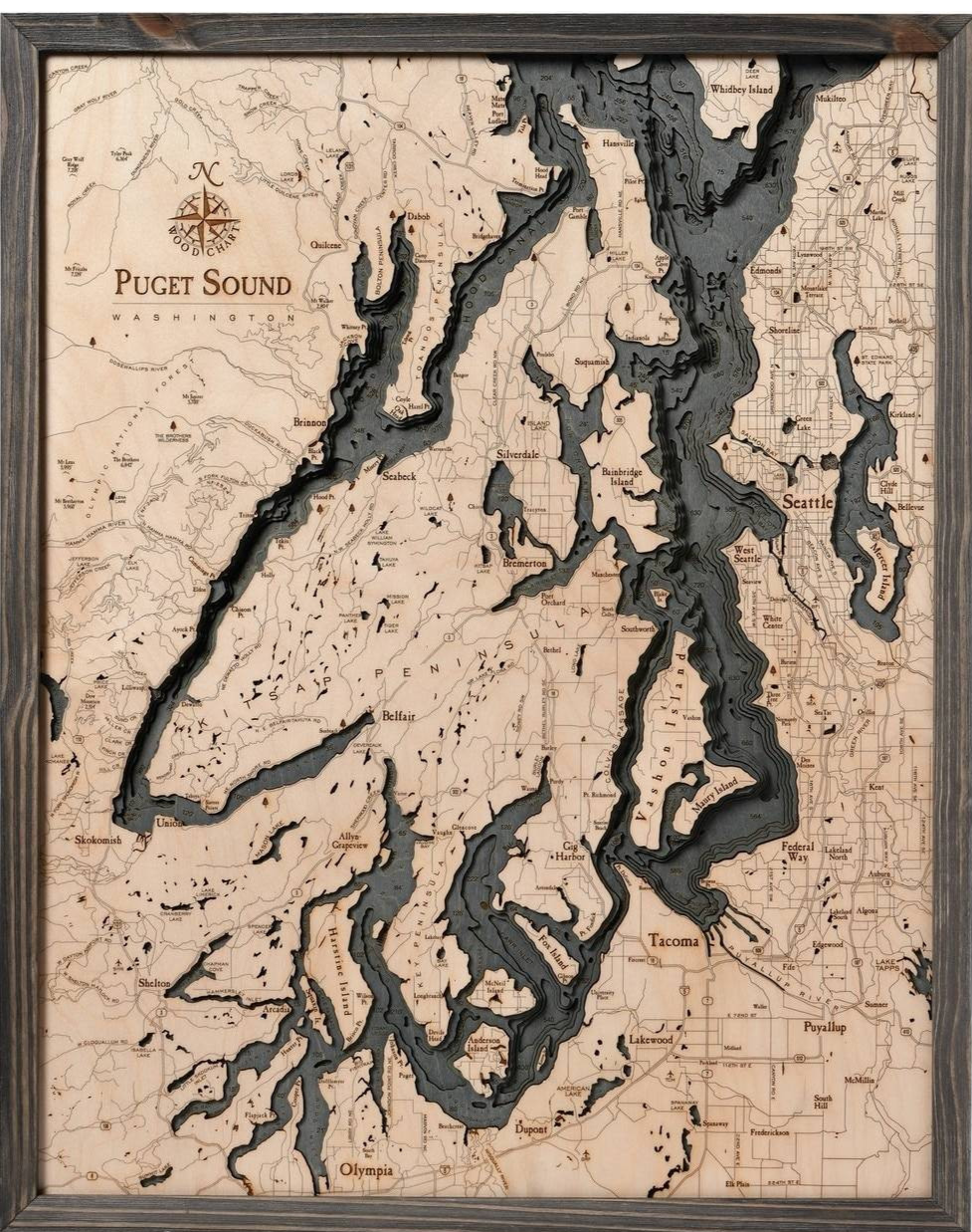 Puget Sound, Washington 3-D Nautical Wood Chart, Large, 24.5" x 31"