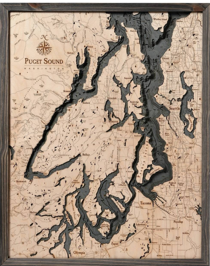 Puget Sound, Washington 3-D Nautical Wood Chart, Large, 24.5" x 31"