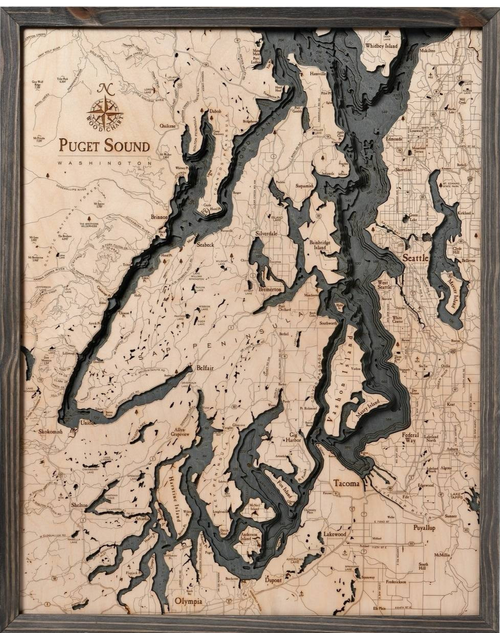 Puget Sound, Washington 3-D Nautical Wood Chart, Large, 24.5" x 31"
