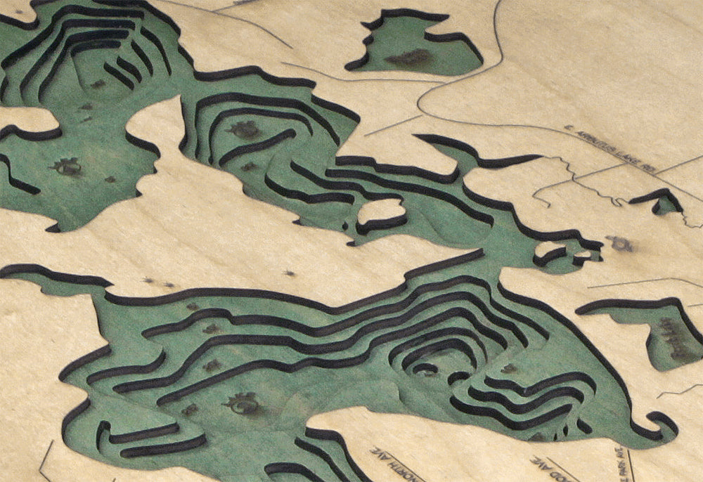 3-D Wood Chart of Arbutus Lake (Traverse), Michigan using green and light colored wood zoomed in