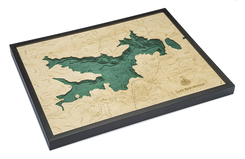 Laser-cut Lake Arrowhead, California Wood Chart in solid frame