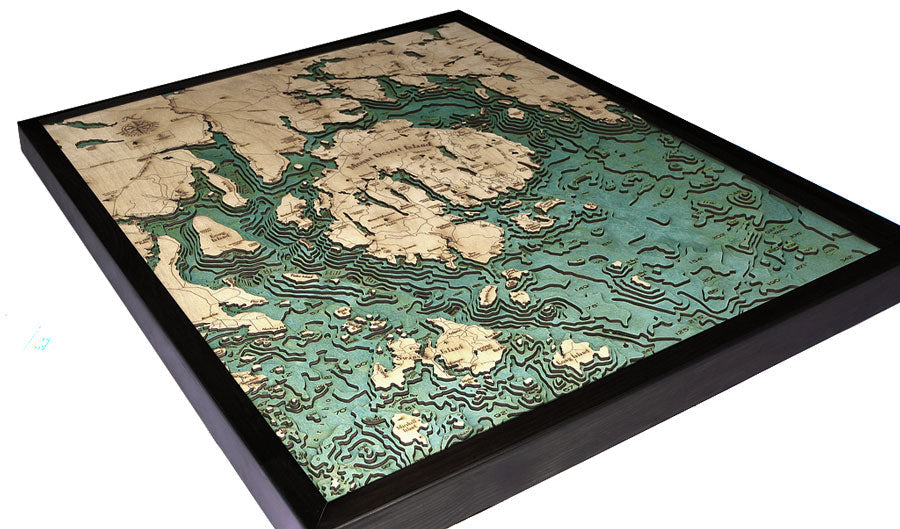 bar harbor / mount desert island in Maine wood chart on white background with black frame laying flat