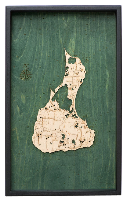Wooden Block Island serving tray using green and natural colored wood on white background with black frame