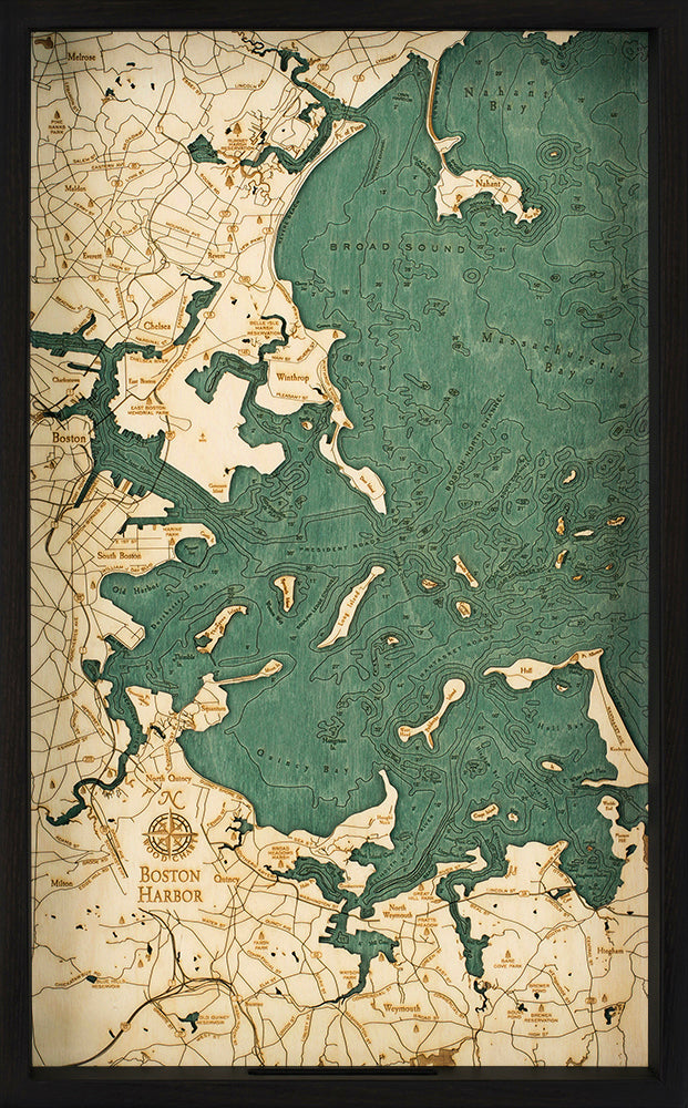 Boston Harbor serving tray made with green and white natural wood on black background with black serving frame