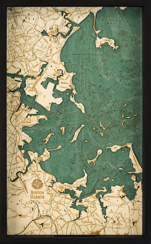 Boston Harbor serving tray made with green and white natural wood on black background with black serving frame