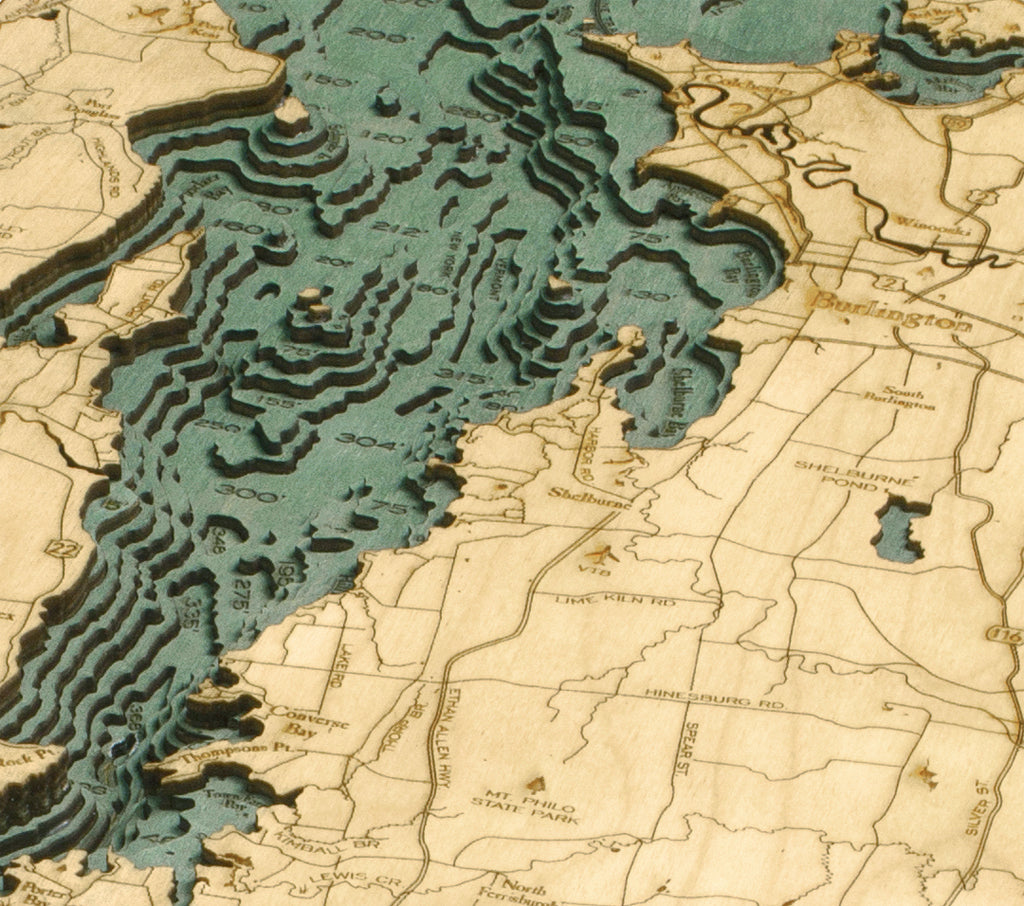 Lake Champlain Wood Chart in solid frame, up-close view