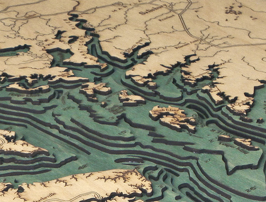 Chesapeake Bay wood chart map made using green and natural wood up close