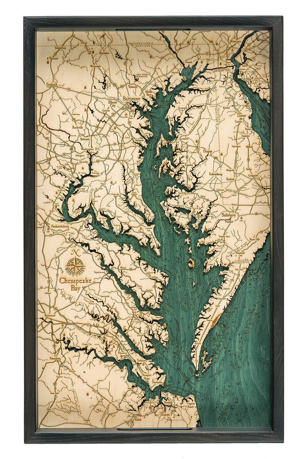 Chesapeake Bay serving tray made using green and natural colored wood on white background