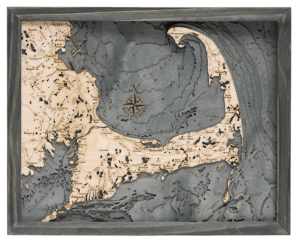 Cape Cod, Massachusetts wood chart map made using dark green and natural wood on white background