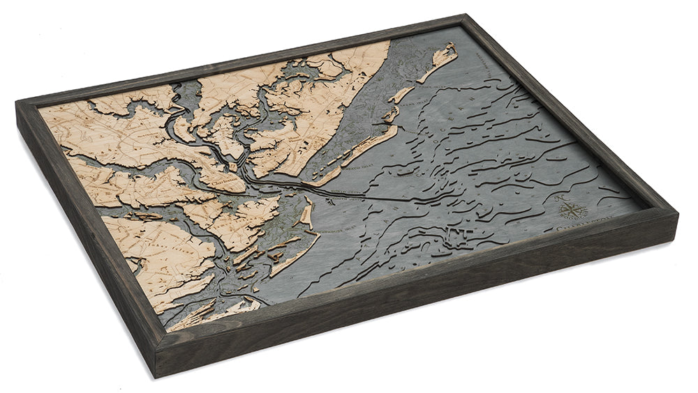 Charleston, South Carolina wood chart map made using dark green and natural wood on white background with dark colored frame laying flat
