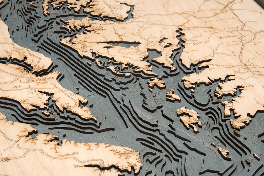 Chesapeake Bay wood chart map made using dark green and natural wood up close