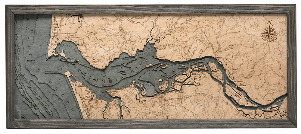 Columbia River Mouth, Oregon and Washington wood chart map made using a dark green and natural colored wood on white background with dark frame