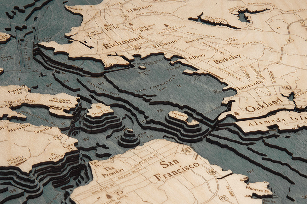 Topography Details on San Francisco Bay, California 3-D Nautical Wood Map