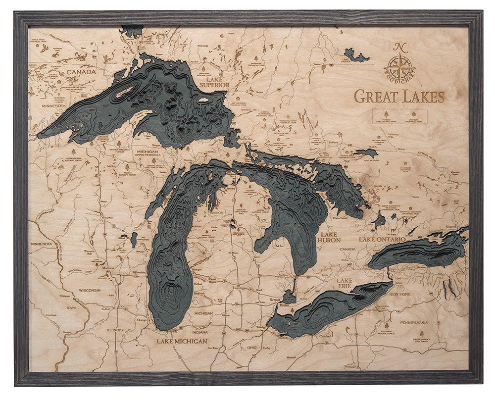 Great Lakes wood chart map made using a darker green and natural colored wood on white background with dark frame