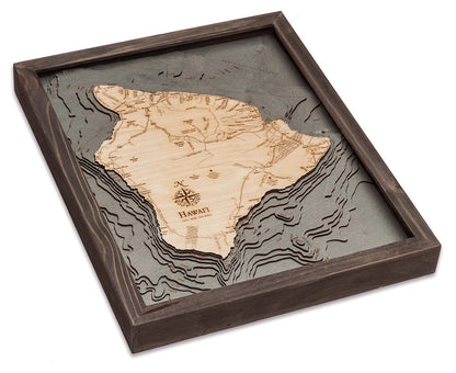 Hawaii, The Big Island, wood chart map made using a darker green and natural colored wood on white background with dark frame laying flat