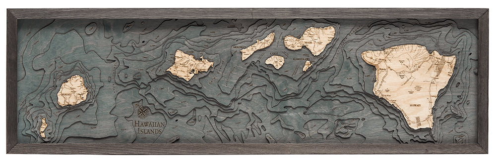 Hawaiian Islands narrow wood chart map made using a darker green and natural colored wood on white background with dark frame