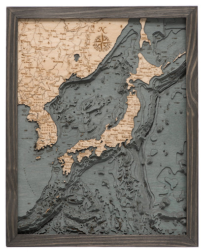 Small Japan and Korea Wood Chart in solid frame