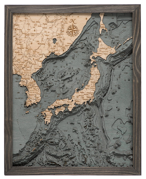Small Japan and Korea Wood Chart in solid frame