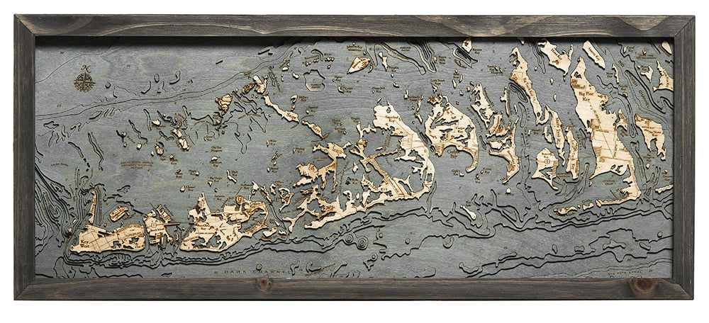 Florida Keys, Florida wood chart map made using a darker green and natural colored wood on white background with dark frame