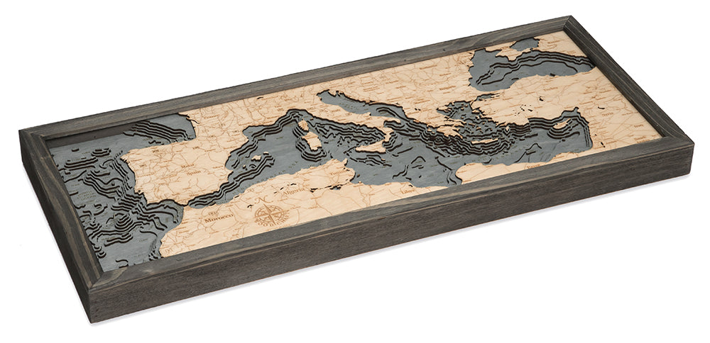 3-D Topographical Nautical Wood Chart Map of the Mediterranean Sea