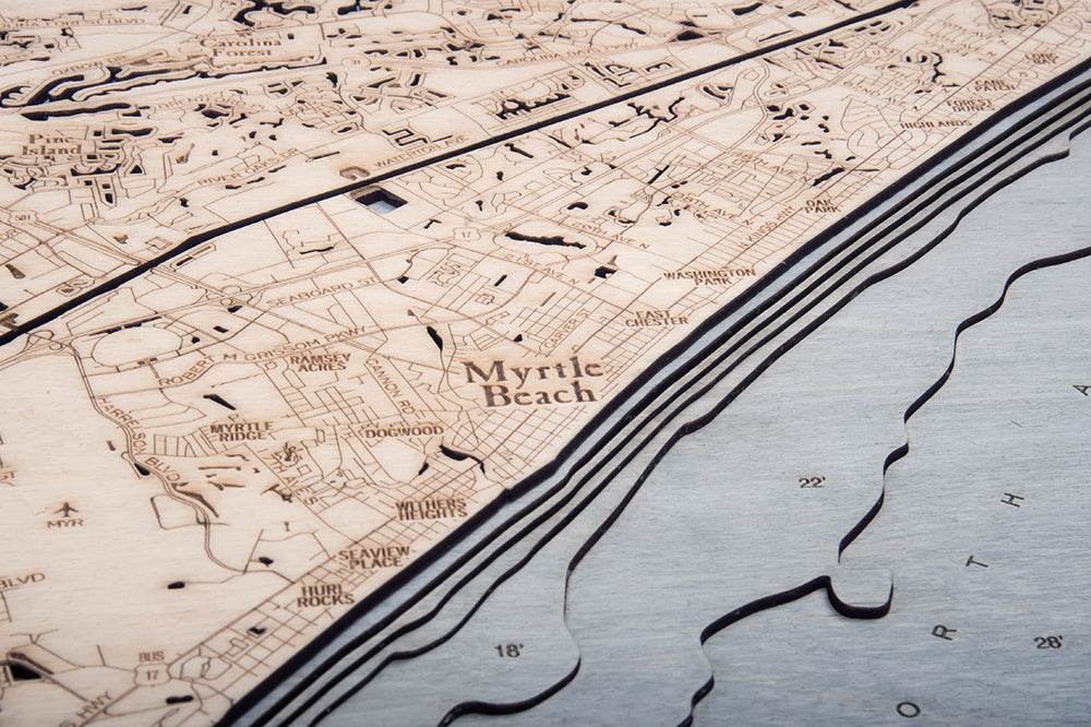 Myrtle to North Myrtle Beach 3-D Nautical Wood Chart, Large, 24.5" x 31"