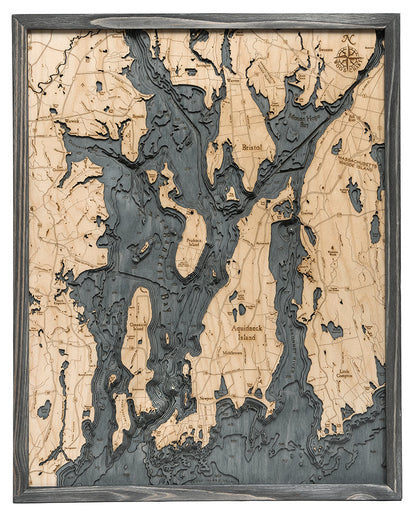 Narragansett and Newport, Rhode Island Map on 3-D Nautical Wood Chart in Grey Frame