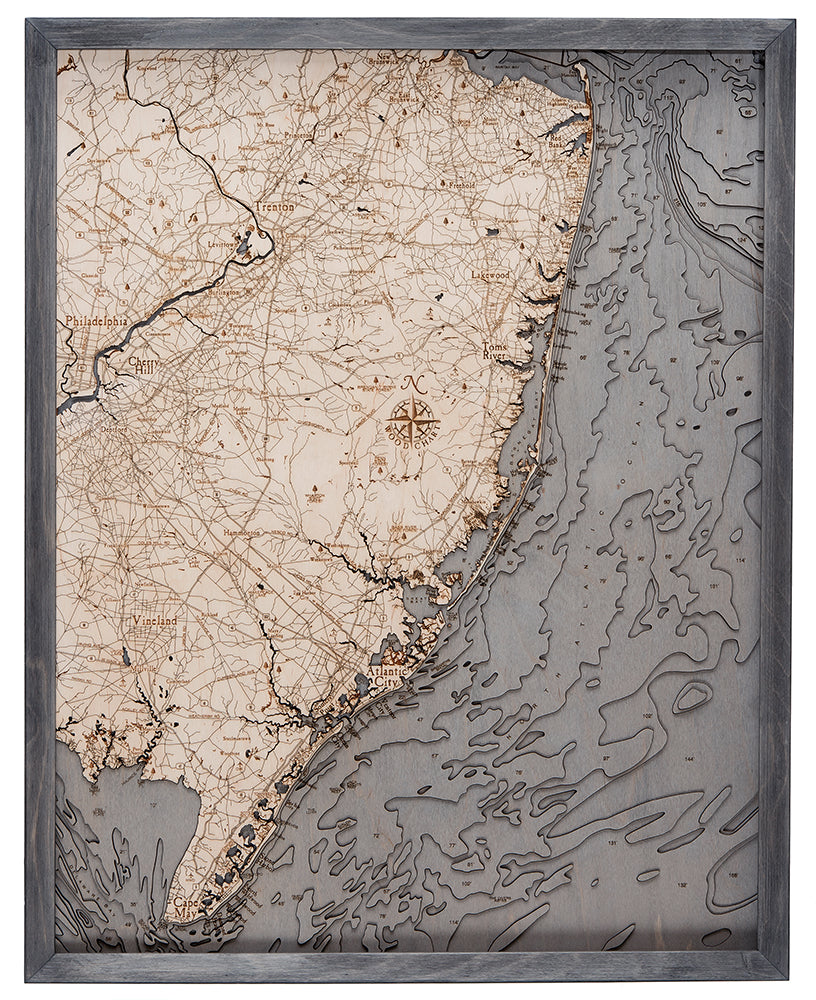 New Jersey Coast 3-D Nautical Wood Chart, Large, 24.5" x 31"