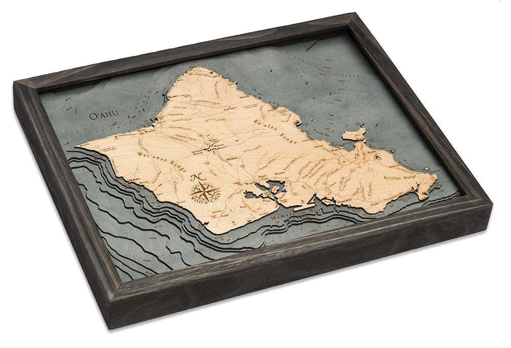Oahu, Hawaii Map 3-D Nautical Wood Chart