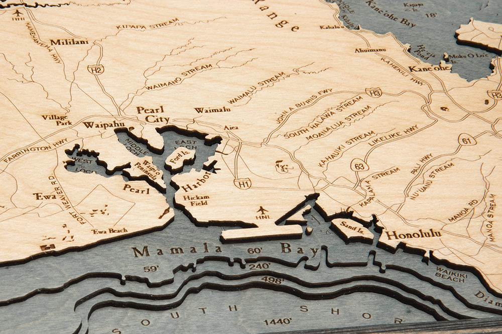 Topography Details on Map of Oahu, Hawaii 3-D Nautical Wood Chart