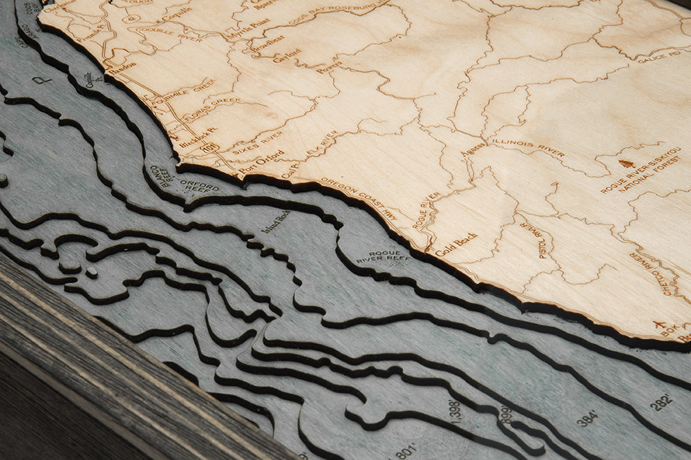 Topography Details of Oregon Coast 3-D Nautical Wood Chart Map