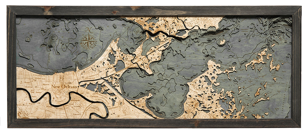 New Orleans, Louisiana Map 3-D Nautical Wood Chart in Grey Frame