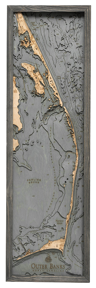 Outer Banks, North Carolina 3-D Nautical Wood Chart in Grey Frame
