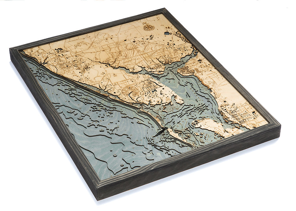Charlotte Harbor, Florida wood chart map made using dark green and natural wood on white background with dark colored frame