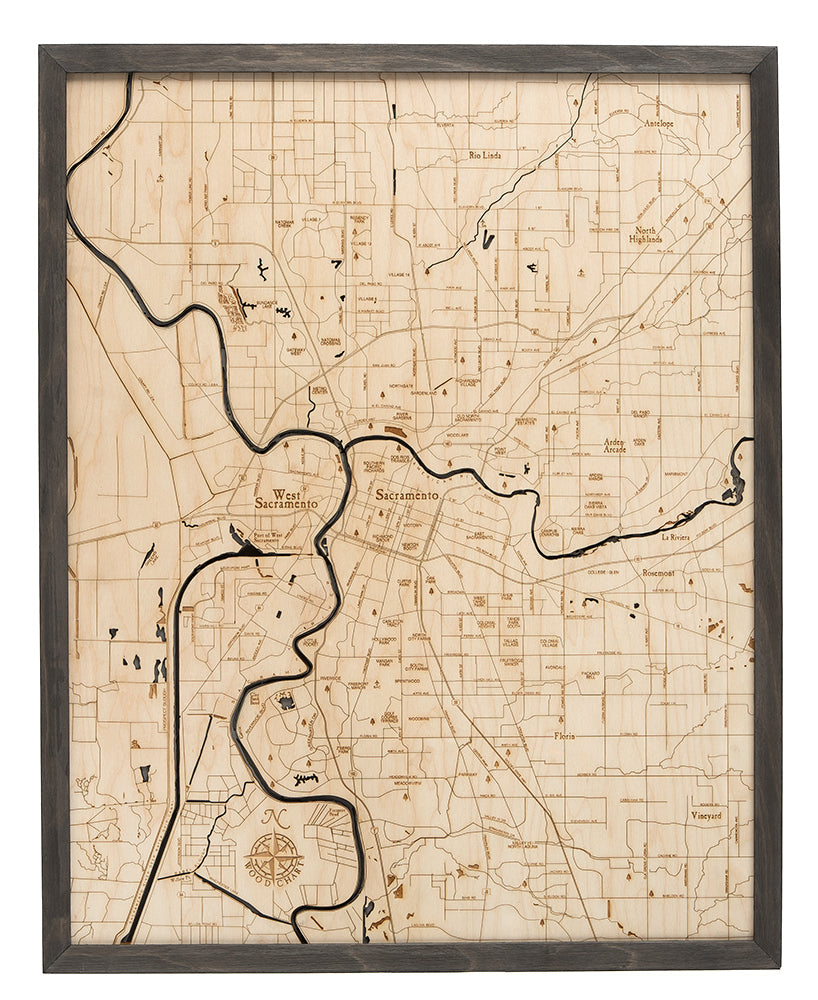 Sacramento, California Map 3-D Nautical Wood Chart