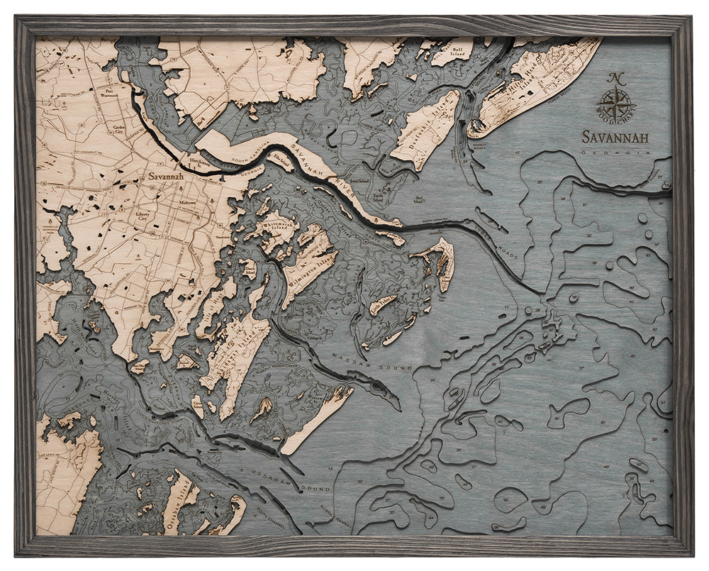 Map of Savannah, Georgia 3-D Nautical Wood Chart in Grey Frame