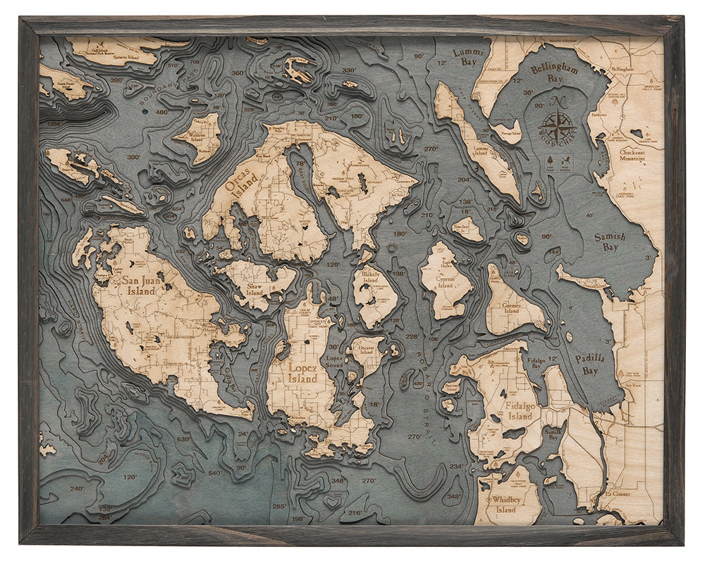 San Juan Islands, Washington 3D Nautical Wood Chart, Large, 24.5" x 3