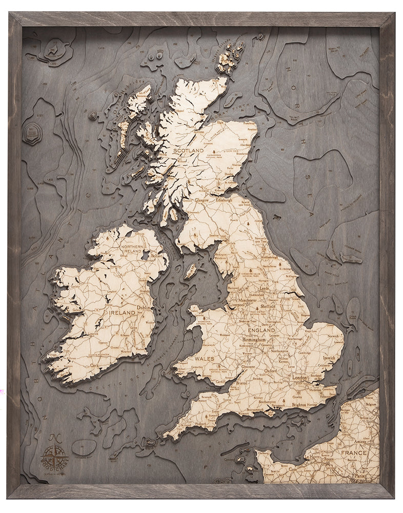 Map of United Kingdom 3-D Nautical Wood Chart in Grey Frame