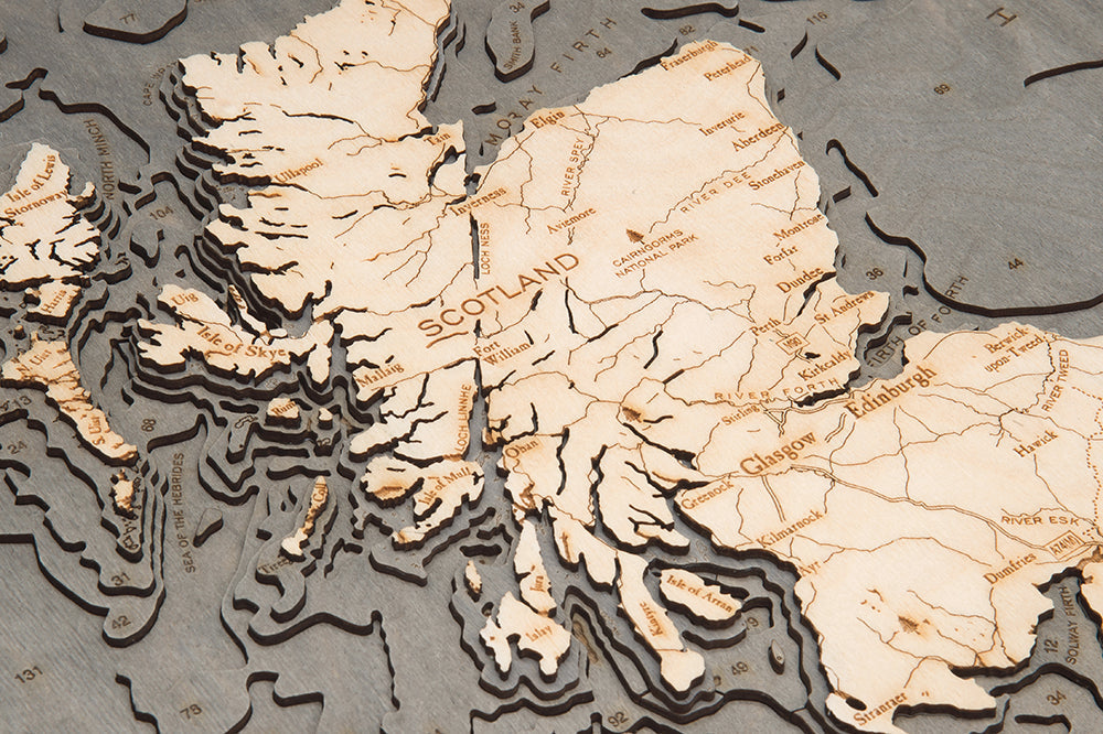 Close up Detail of United Kingdom Map 3-D Nautical Wood Chart