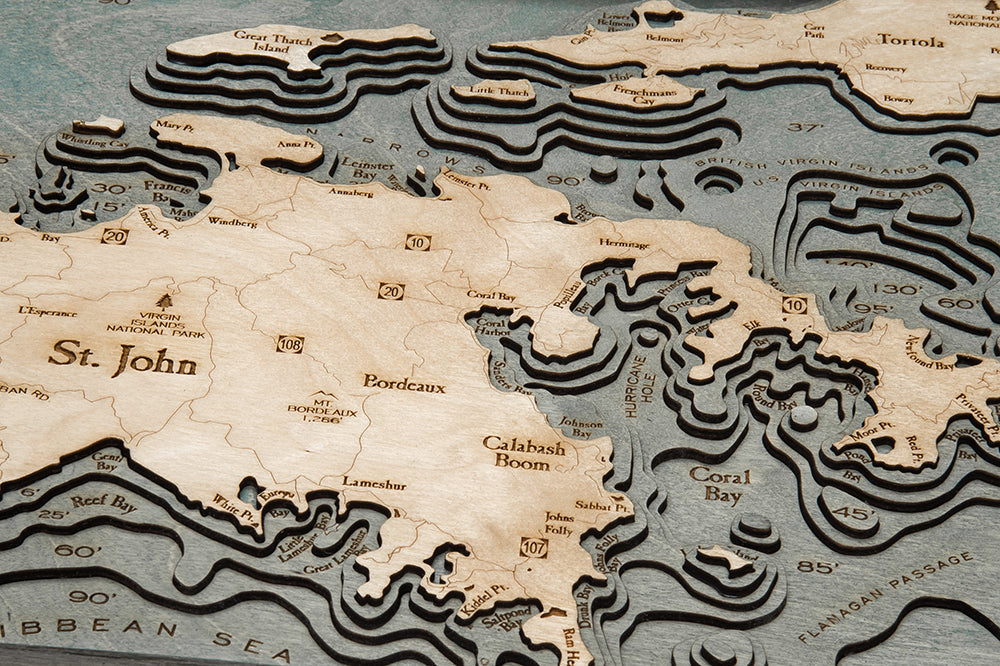 Topography of St. Thomas and St. John Virgin Islands Wood Map