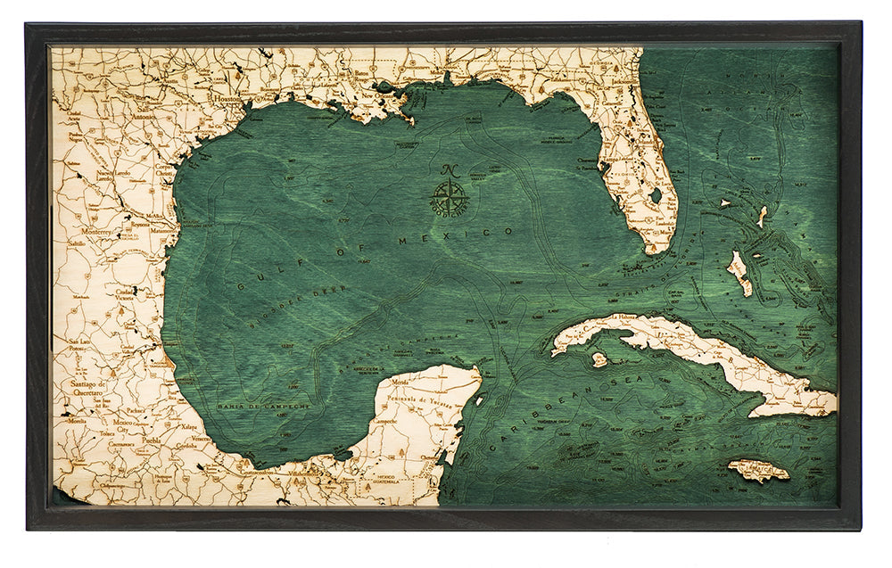 Gulf of Mexico serving tray made using green and natural colored wood on white background