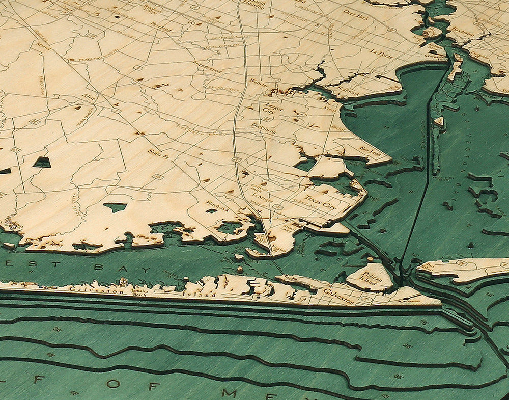 Houston/Galveston, Texas wood chart map made using green and natural colored wood up close