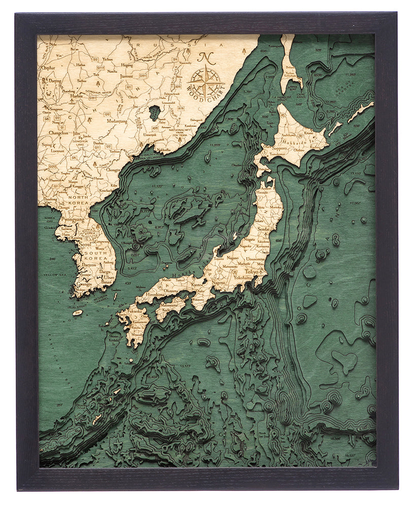 Japan and Korea Wood Chart in solid frame