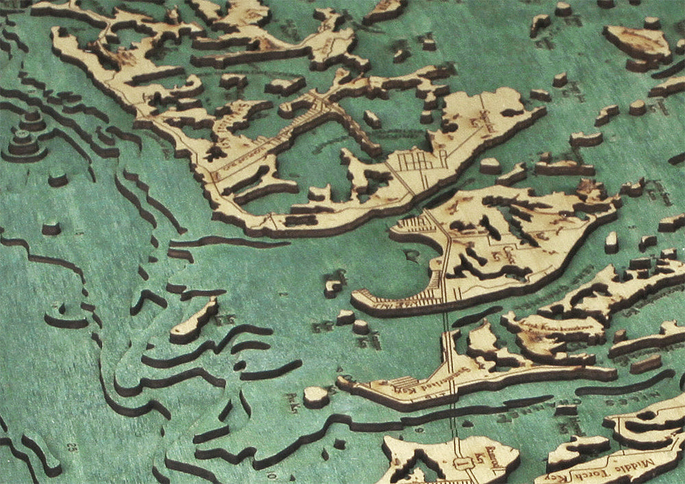 Florida Keys, Florida wood chart map made using green and natural colored wood up close