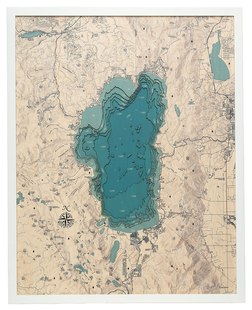 Lake Tahoe Mountain UV Nautical Wood Chart, Large, 24.5" x 31"